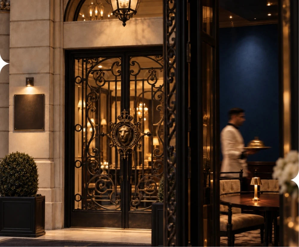 Entrée d’un hôtel, ornée d’une grille en fer forgé et éclairée de lanternes.